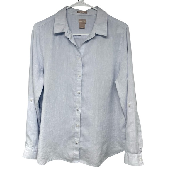Chico’s No Iron Linen Blue Long Tab Sleeve Button Front Shirt Women’s Medium - Picture 4 of 11